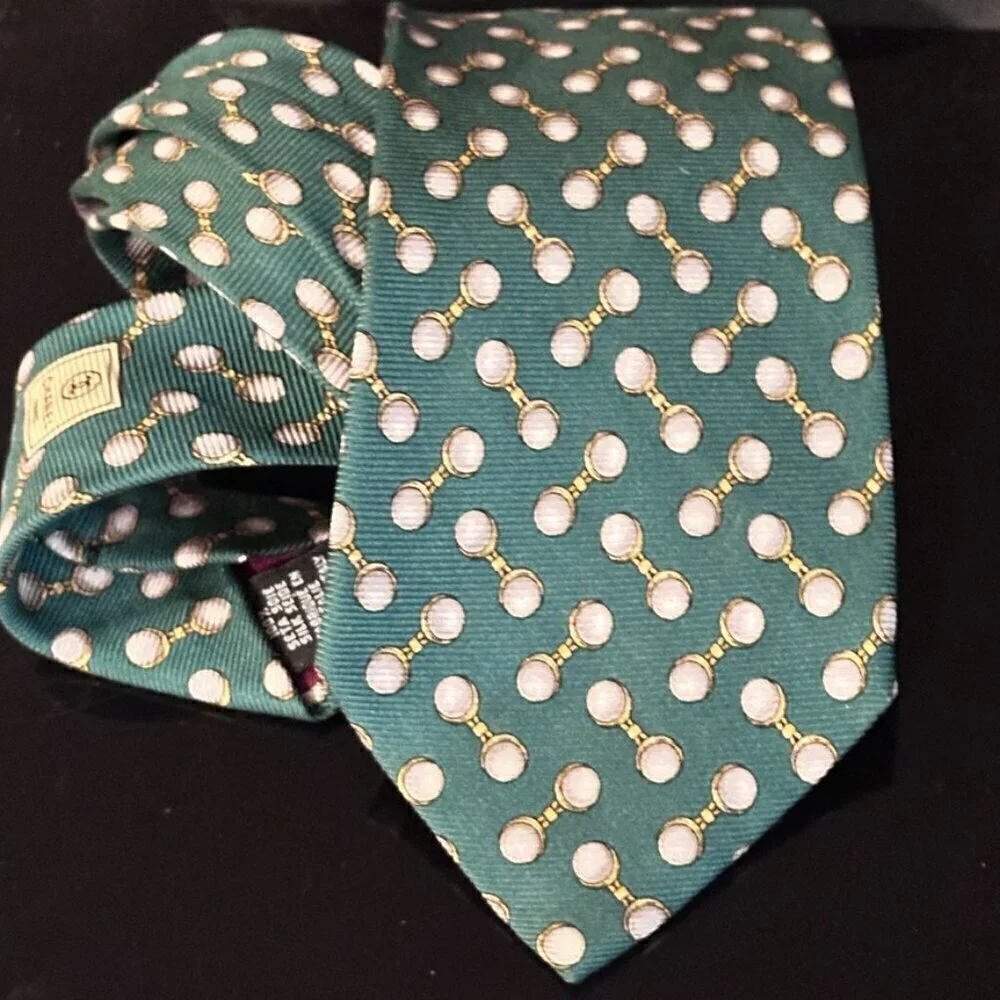 Chanel Silk Tie Mens Kelly Green Baroque Jewelry Gemstone Pearl Cuff Links Gold